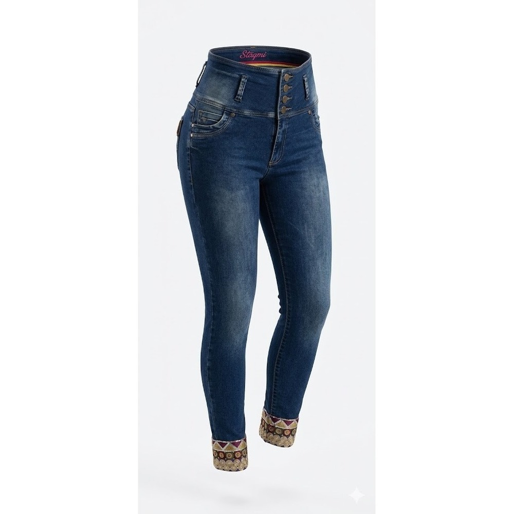 Stagmi High Waisted Skinny Jeans Women 7 Blue Sequin Trim Levanta Cola Boho